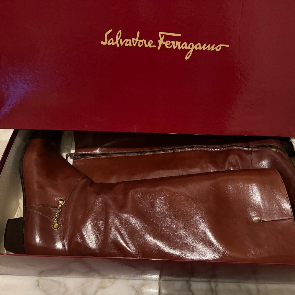 Salvatore Ferragamo Vintage Brown Leather Knee High Tall Riding Boots, 10.5AAAA